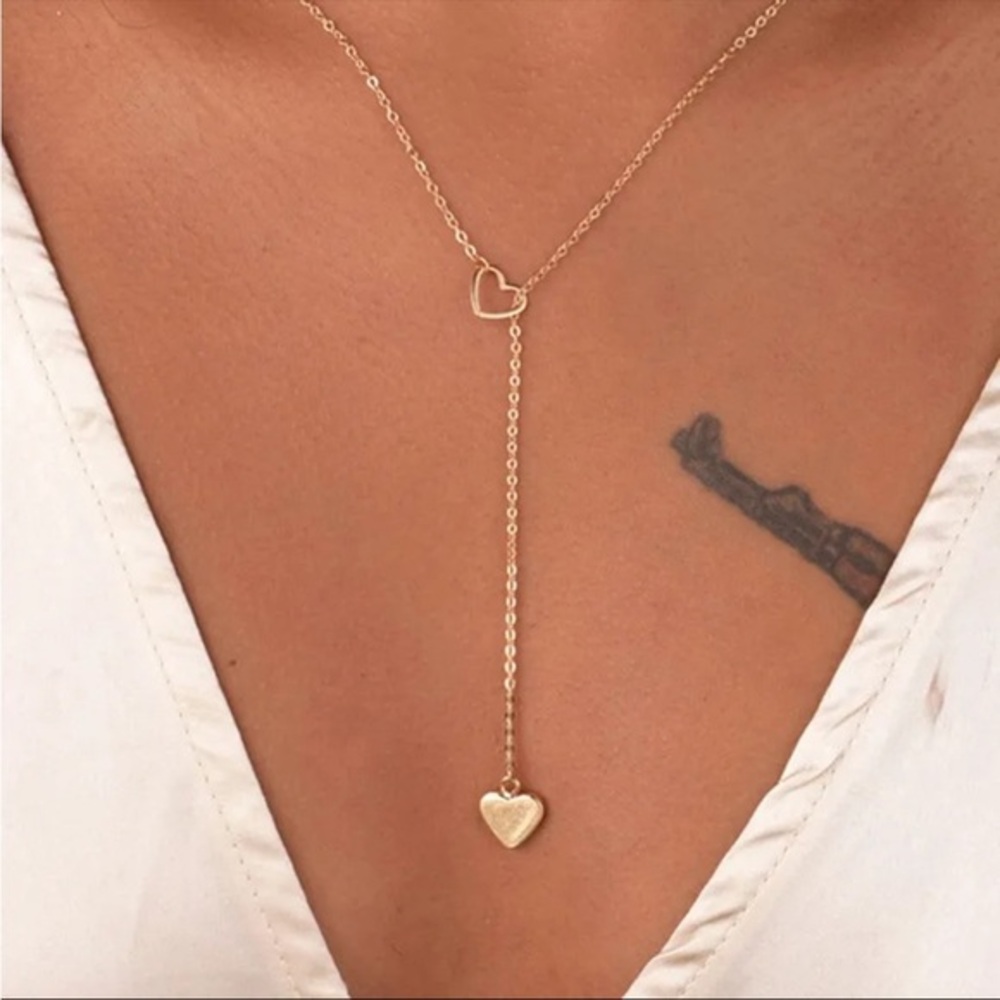 MINIMALIST Gold Heart Y Necklace Dainty Drop Pendant Feminine Layering Jewelry